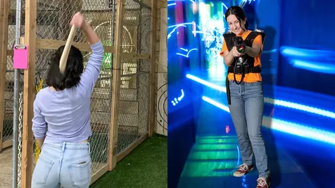 Maddie doing Axe throwing and Laser Tag